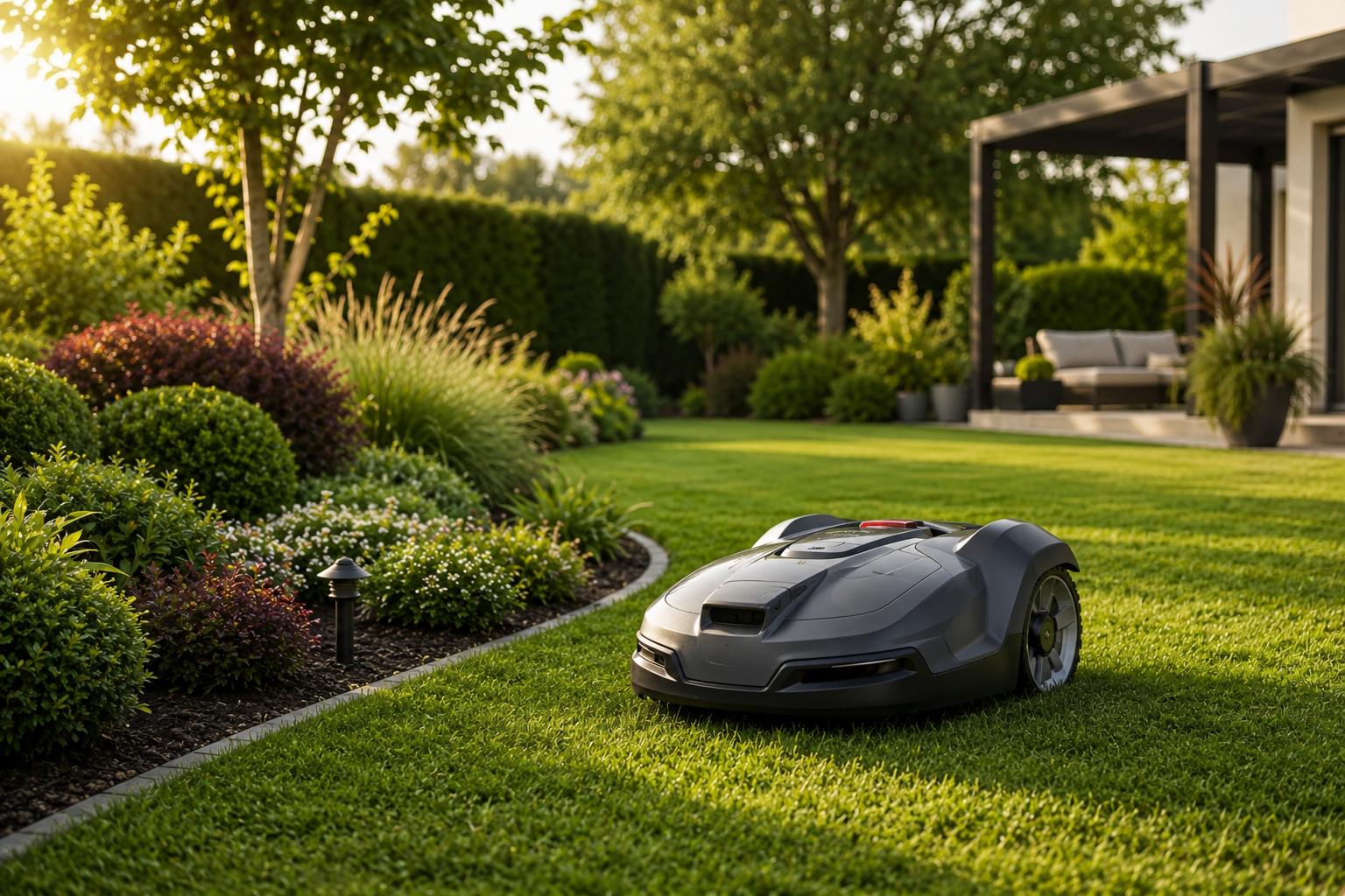 Robot cortacésped en jardín profesional